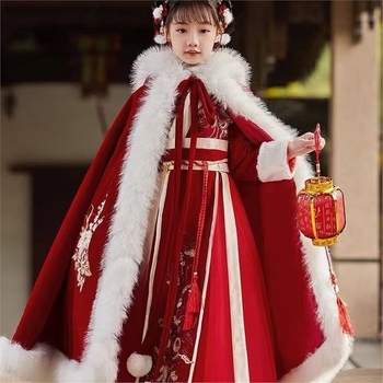 Dječji Hanfu zimski outfit s debelim kaputom, kineskog stila, Chenille tkanina, glavna tkanina Spandex, sadržaj Spandex ispod 30%, pogodno za Novu godinu