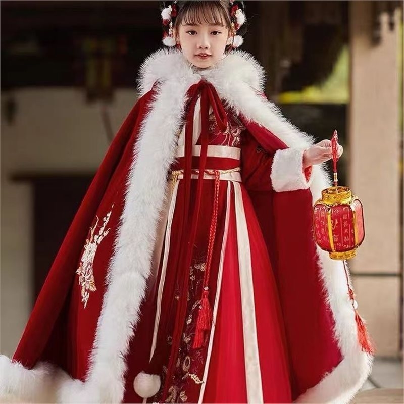Dječji Hanfu zimski outfit s debelim kaputom, kineskog stila, Chenille tkanina, glavna tkanina Spandex, sadržaj Spandex ispod 30%, pogodno za Novu godinu