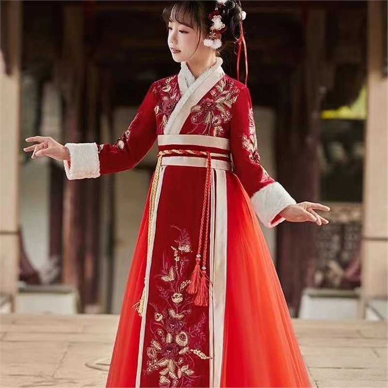 Dječji Hanfu zimski outfit s debelim kaputom, kineskog stila, Chenille tkanina, glavna tkanina Spandex, sadržaj Spandex ispod 30%, pogodno za Novu godinu
