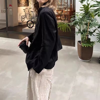 Cămașă-cardigan din in cu guler înalt, mâneci lungi, stil vintage Old Money, 80–90% bumbac