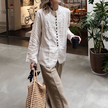 Cămașă-cardigan din in cu guler înalt, mâneci lungi, stil vintage Old Money, 80–90% bumbac