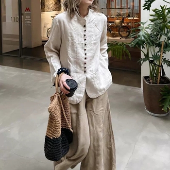 Cămașă-cardigan din in cu guler înalt, mâneci lungi, stil vintage Old Money, 80–90% bumbac