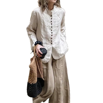 Cămașă-cardigan din in cu guler înalt, mâneci lungi, stil vintage Old Money, 80–90% bumbac