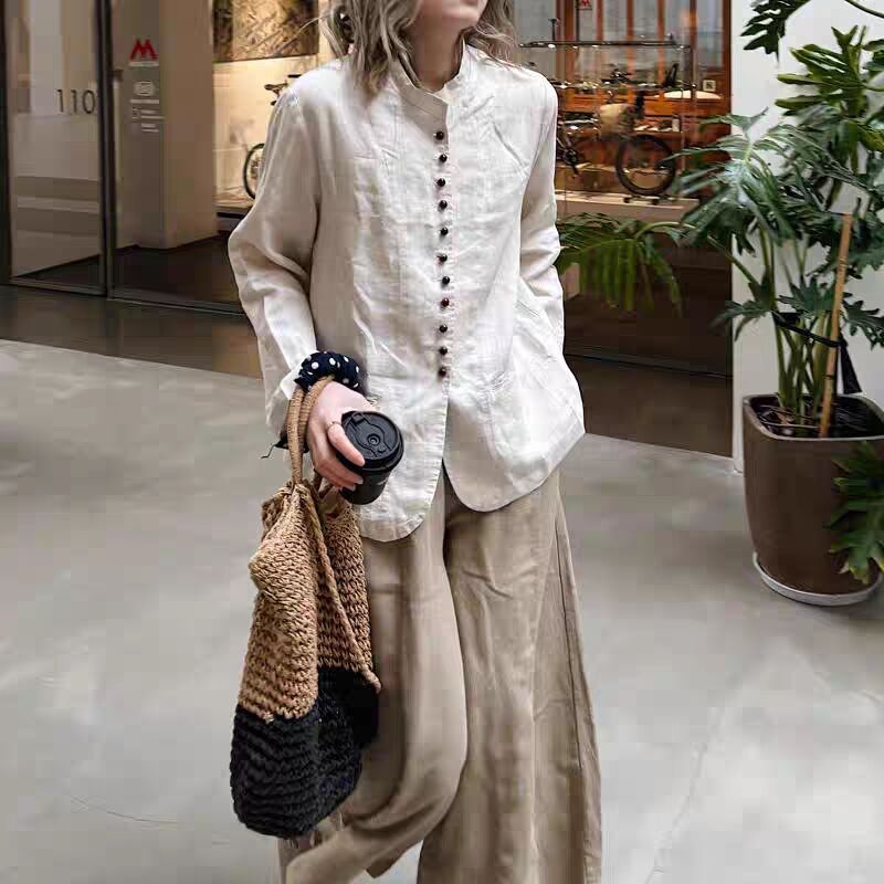 Cămașă-cardigan din in cu guler înalt, mâneci lungi, stil vintage Old Money, 80–90% bumbac