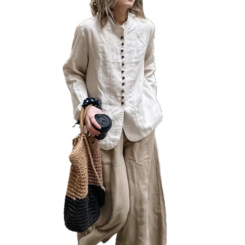 Cămașă-cardigan din in cu guler înalt, mâneci lungi, stil vintage Old Money, 80–90% bumbac