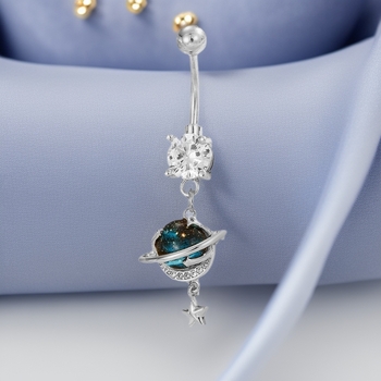 Nabas pirsings rotā ar zvaigžņu debesu un planētas motīvu, vara + nerūsējošais tērauds + cirkons, balts kristāls, sievietēm