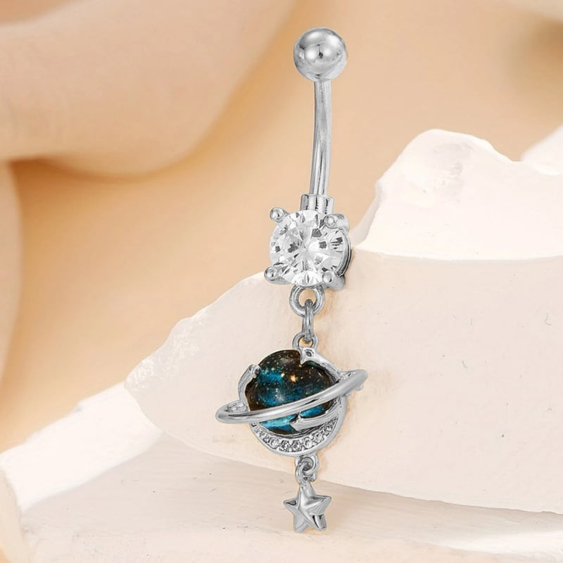 Nabas pirsings rotā ar zvaigžņu debesu un planētas motīvu, vara + nerūsējošais tērauds + cirkons, balts kristāls, sievietēm