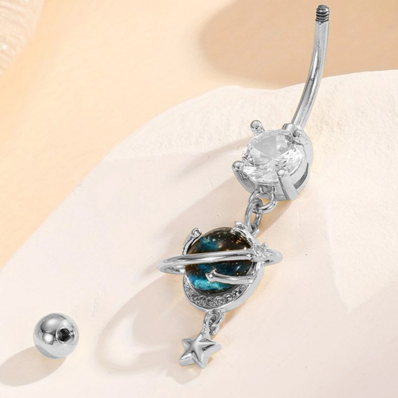 Nabas pirsings rotā ar zvaigžņu debesu un planētas motīvu, vara + nerūsējošais tērauds + cirkons, balts kristāls, sievietēm