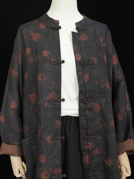 Cardigan s printsom od lana, stojeći ovratnik, dugi rukavi, 95% lana, jesen 2024