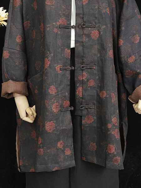 Cardigan s printsom od lana, stojeći ovratnik, dugi rukavi, 95% lana, jesen 2024