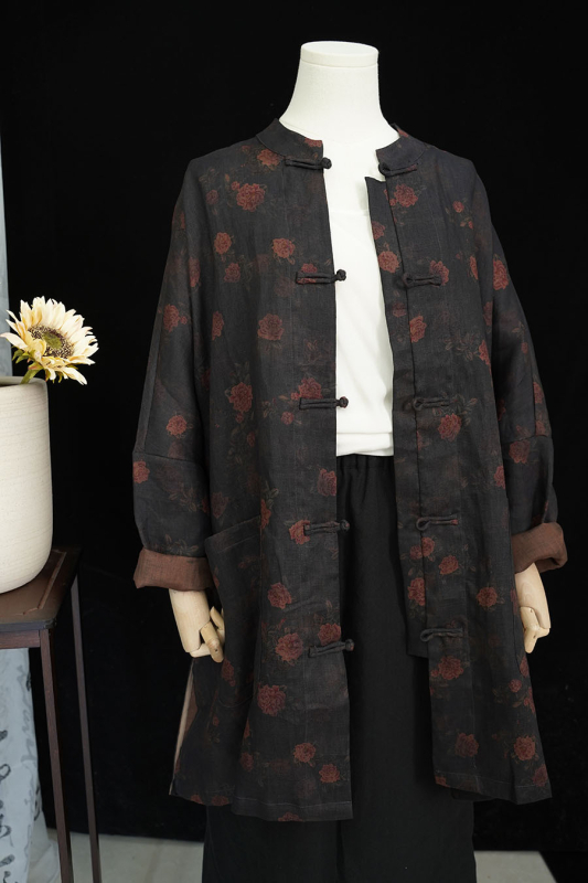 Cardigan s printsom od lana, stojeći ovratnik, dugi rukavi, 95% lana, jesen 2024