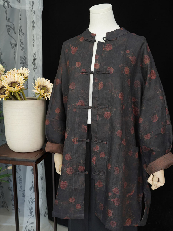 Cardigan s printsom od lana, stojeći ovratnik, dugi rukavi, 95% lana, jesen 2024