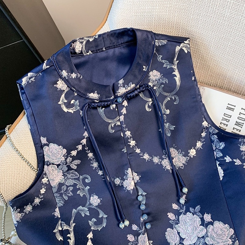 Hanfu-inspiriran bezrukavni top s okruglim izrezom i šivanom od satena (Glavni materijal: kozja koža; Naziv tkanine: pamukovo vlakno; Kod proizvoda: Flower through the ages-0285; Univerzalni model)