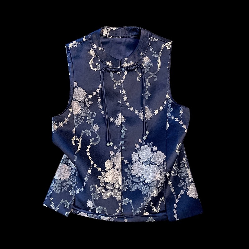 Hanfu-inspiriran bezrukavni top s okruglim izrezom i šivanom od satena (Glavni materijal: kozja koža; Naziv tkanine: pamukovo vlakno; Kod proizvoda: Flower through the ages-0285; Univerzalni model)