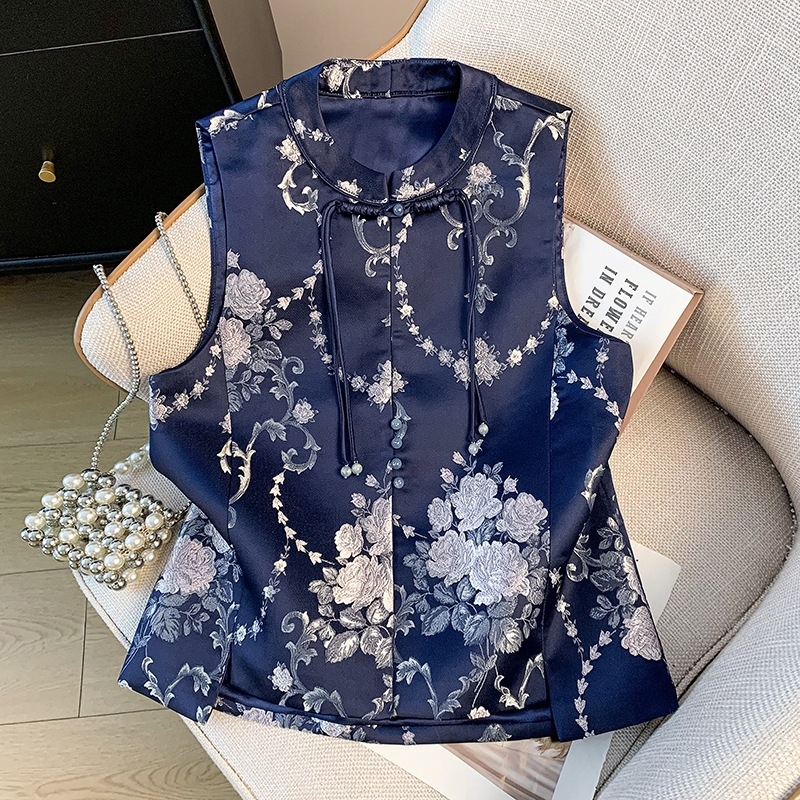 Hanfu-inspiriran bezrukavni top s okruglim izrezom i šivanom od satena (Glavni materijal: kozja koža; Naziv tkanine: pamukovo vlakno; Kod proizvoda: Flower through the ages-0285; Univerzalni model)
