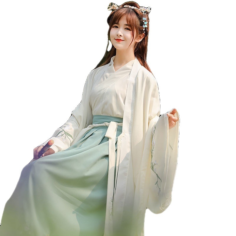 Σετ Hanfu γυναικών με φαρδιές μανίκια και μακριά φούστα στη μέση, κεντήματα; κύριο ύφασμα Vinylon 80%, επένδυση πολυεστέρας 10%, καταχωρήθηκε το 2021