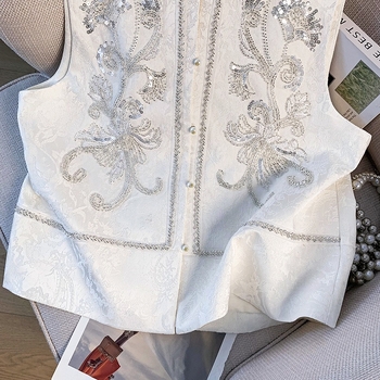Hanfu gornji top prsluk s jacquardom i šljokicama, V-izrez, kopčanje, pamuk vlakno i koža koze