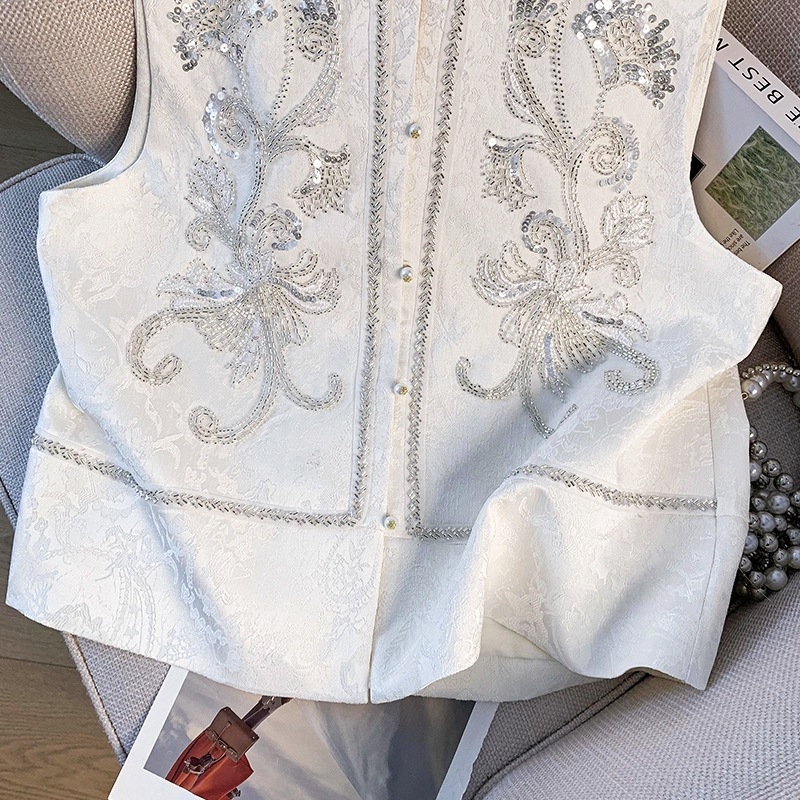 Hanfu gornji top prsluk s jacquardom i šljokicama, V-izrez, kopčanje, pamuk vlakno i koža koze