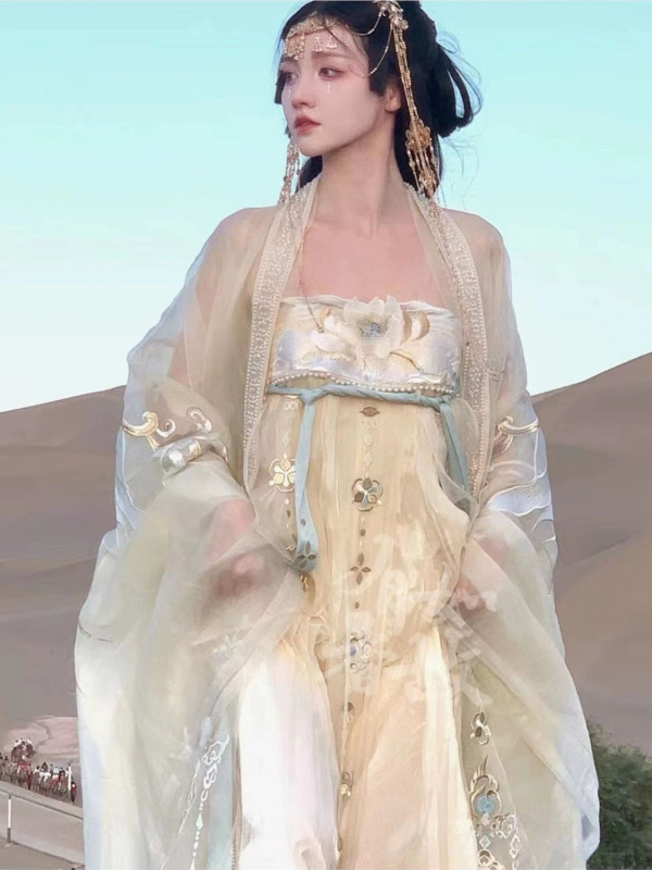 Σετ κινεζικού παραδοσιακού φορέματος με βαρύ κέντημα, μοτίβο Jingwei Jinhe, τοπ με μακριά μανίκια και φούστα μήκους στήθους — Φθινόπωρο 2023; σιφόν ύφασμα, 50-70% επαναχρησιμοποιημένο ινώδες κυτταρικό ίνα, 70-80% πολυεστέρας, βαφή νήματος