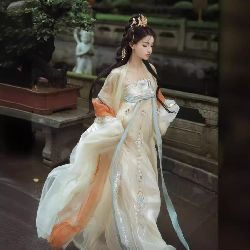 Σετ κινεζικού παραδοσιακού φορέματος με βαρύ κέντημα, μοτίβο Jingwei Jinhe, τοπ με μακριά μανίκια και φούστα μήκους στήθους — Φθινόπωρο 2023; σιφόν ύφασμα, 50-70% επαναχρησιμοποιημένο ινώδες κυτταρικό ίνα, 70-80% πολυεστέρας, βαφή νήματος