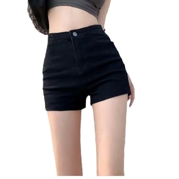 Дънкови къси панталони - висока талия, тясна кройка, памук-полиестер смес, лека материя, къса дължина