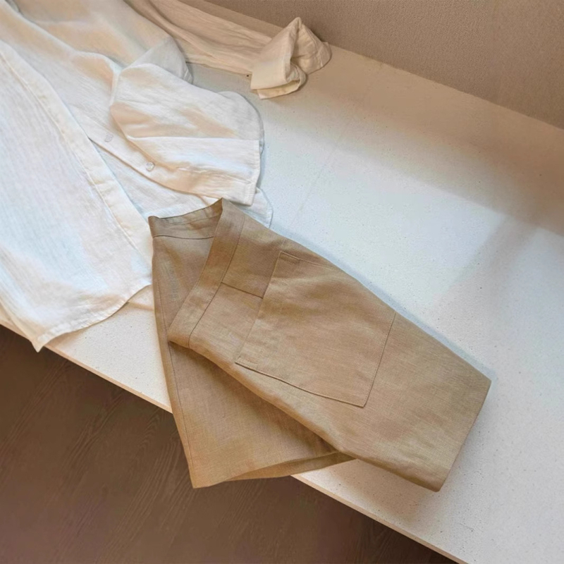 Uobičajene hlače od lana i pamuka, visokim strukom, 3/4 duljine, ravni kroj, mikroelastičnost