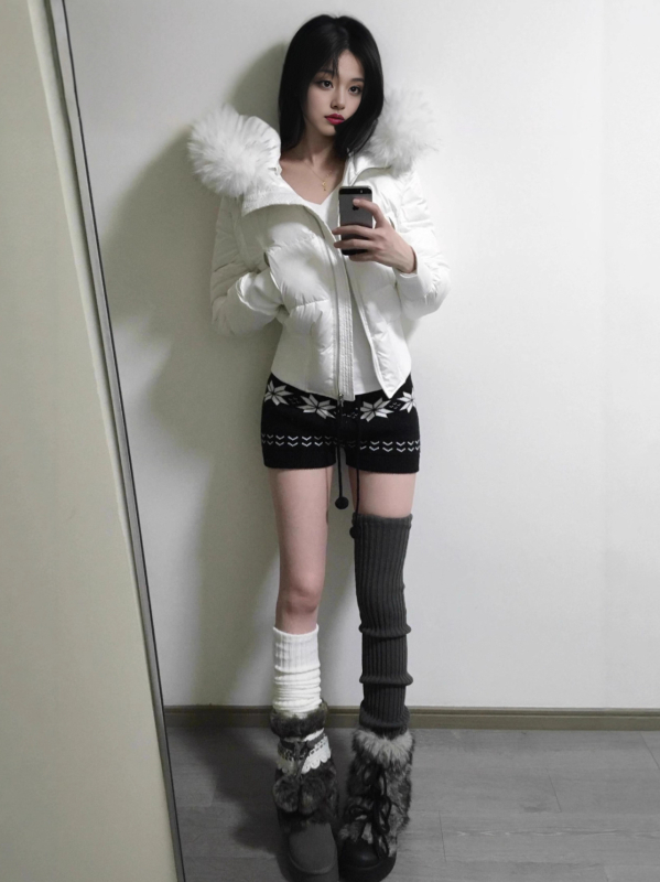 Κορεατικές γλυκό-πιπεράτες Fair Isle πλεκτές Jacquard κοντές παντελόνες για γυναίκες, υψηλή μέση, πολυεστερικό πλεκτό ύφασμα, Jacquard print, μικροελαστικότητα