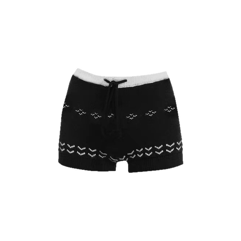 Κορεατικές γλυκό-πιπεράτες Fair Isle πλεκτές Jacquard κοντές παντελόνες για γυναίκες, υψηλή μέση, πολυεστερικό πλεκτό ύφασμα, Jacquard print, μικροελαστικότητα