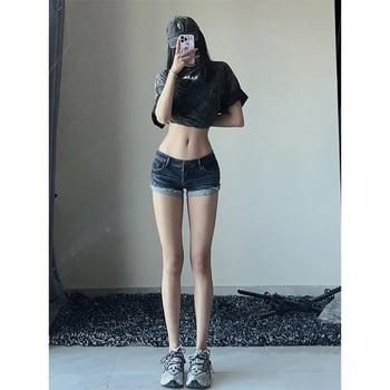 Șort de denim pentru femei, talie joasă, croială strânsă, denim din bumbac-poliester, grosime medie, vară 2025