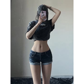 Șort de denim pentru femei, talie joasă, croială strânsă, denim din bumbac-poliester, grosime medie, vară 2025