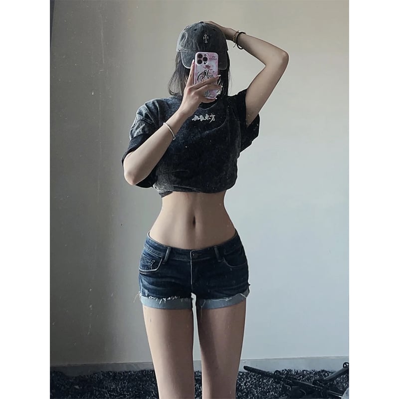 Șort de denim pentru femei, talie joasă, croială strânsă, denim din bumbac-poliester, grosime medie, vară 2025