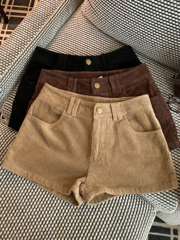 Ženske corduroy šortse s visokim strukom, širokog kroja, duljine 3/4, jesen 2025, elegantan gradski stil