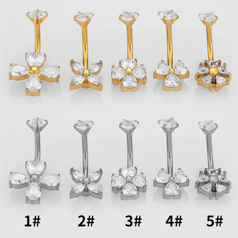 Prsten za pupak s srcolnim oblikom i geometrijskim laticama, od nehrđajućeg čelika 316L, unisex, navel nails, elektroplating