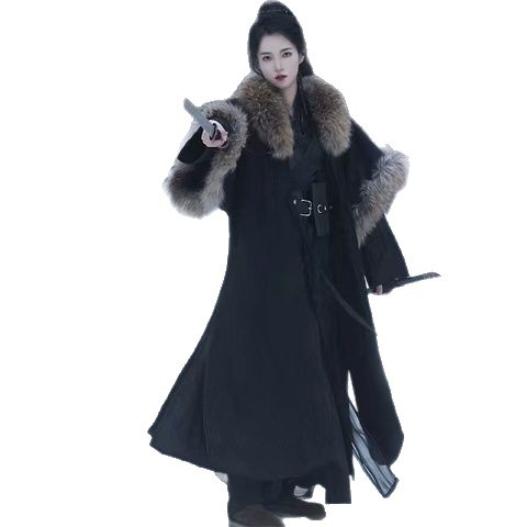 Hanfu-stil zimskog kaputa s krznim ovratnikom, Chenille tkanina, Spandex <30% udio, etiketa na ovratniku, naljepnice
