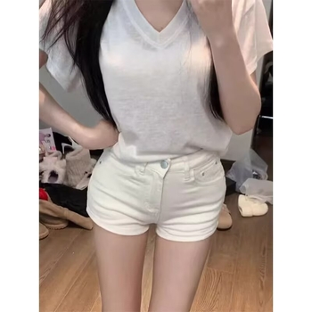 Magas derekú denim rövidnadrág, pamut-poliészterből készült denim, mikroelasztikus, háromnegyedes hossz