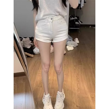 Magas derekú denim rövidnadrág, pamut-poliészterből készült denim, mikroelasztikus, háromnegyedes hossz