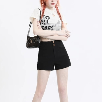 Koreai stílusú magas derekú A-vonalú rövidnadrág, poliészter, vékony anyag, nyár 2025