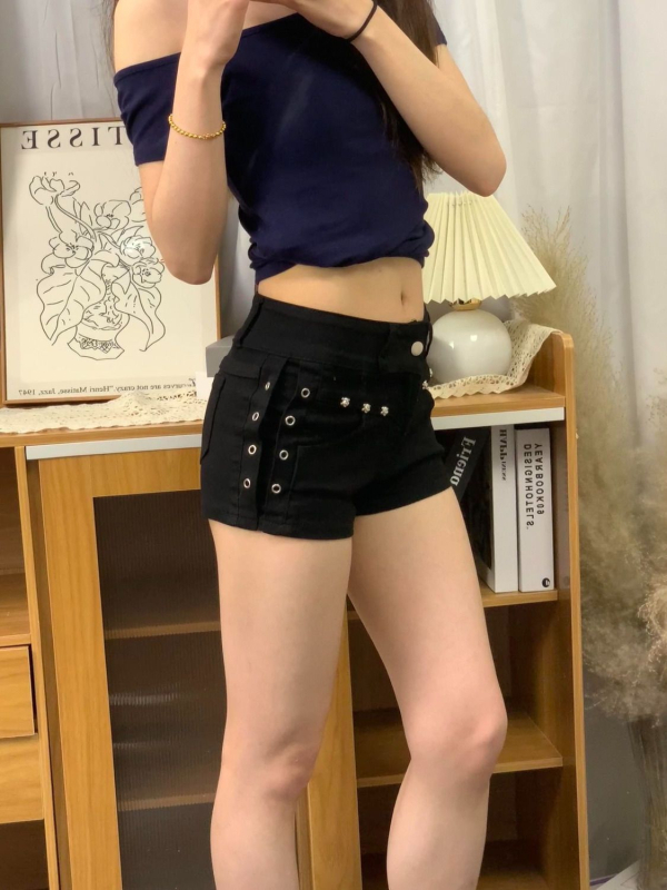 Denim kratke hlače hot pants, elastični pojas, dizajn kolage/splice, materijal poliester/elastan, ljeto 2025, casual japansko-korejski stil