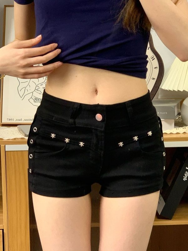 Denim kratke hlače hot pants, elastični pojas, dizajn kolage/splice, materijal poliester/elastan, ljeto 2025, casual japansko-korejski stil