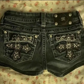 Ženske traper kratke hlače s križnim izvezenim detaljem na džepovima, srednji pojas, duljina hot pants, pamuk/poliester mešavina