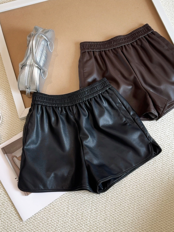 Ženske PU kožne kratke hlače s elastnim pojasom, srednja debljina, poliester materijal, jesen 2025 ležerni stil