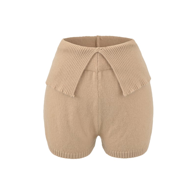 Ženske kratke pletene hlače s niskim strukom i V‑detaljem, uski kroj, visoka elastičnost, tkanina 70–80% regenerirane celuloze (Spandex)