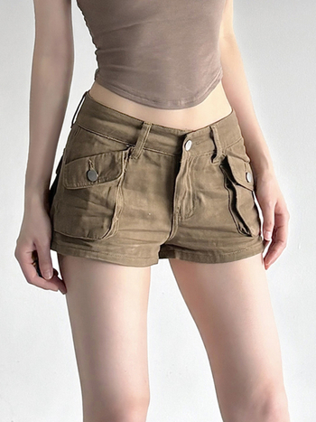 Női farmer rövidnadrág – magas derekú, munkaruházati stílus panelezett dizájn, 50–70% pamut