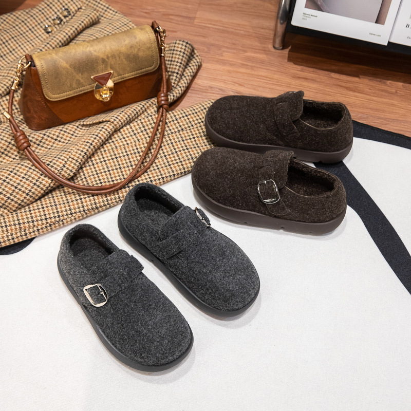 Ženske cipele od vunenog materijala s debelom potplatom, niski gornji dio, zaobljeni vrh, Velcro kopča, gumena potplata, podstava od umjetnog kratkog pliša, zimski model 2025
