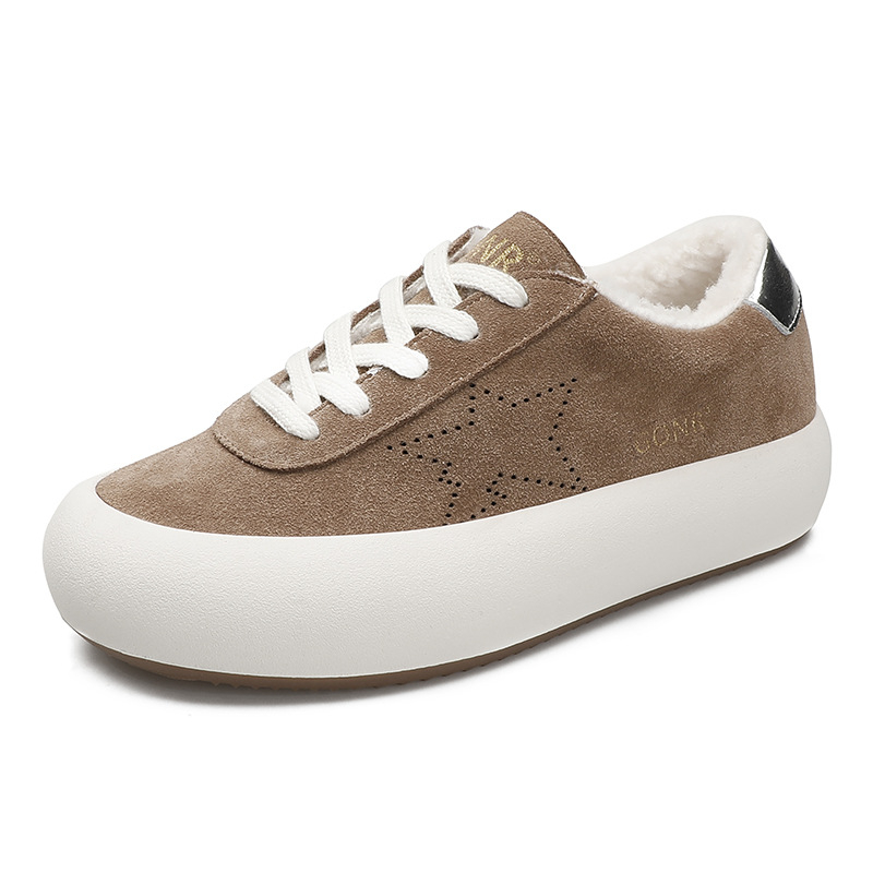 Ženske kožne tenisice s flis podstavom i motivom zvijezde — retro skate stil, debela potplat, vezanje (flis podstava, motiv zvijezde, retro skate stil, debela potplat, vezanje)