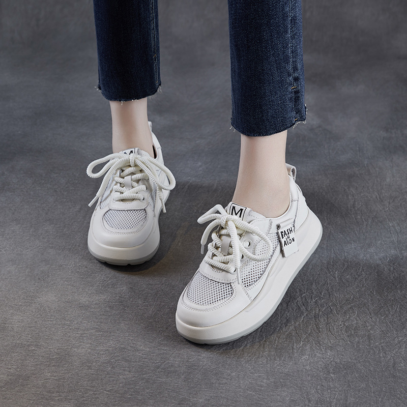 Ženske tenisice od prave kože i mreže, okrugli vrh, niski potplat, PU đon, vezanje