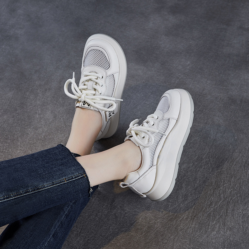 Ženske tenisice od prave kože i mreže, okrugli vrh, niski potplat, PU đon, vezanje