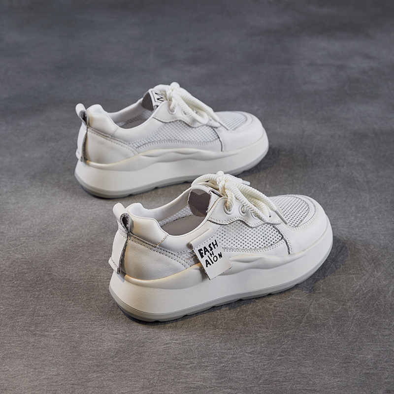 Ženske tenisice od prave kože i mreže, okrugli vrh, niski potplat, PU đon, vezanje