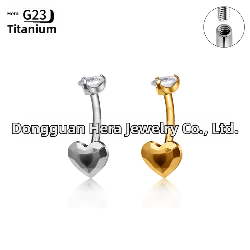 Pupočníkový prsteň, srdcového tvaru dizajn, G23 titanová zliatina, zlaté inlay povrch, zirkónové kryštály, unisex, elegantný piercing šperky