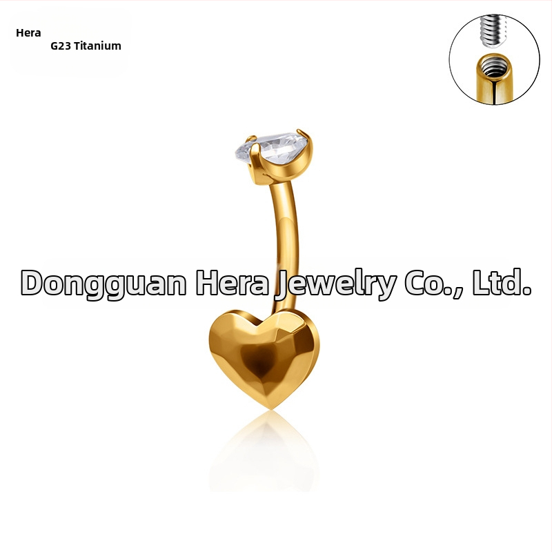 Pupočníkový prsteň, srdcového tvaru dizajn, G23 titanová zliatina, zlaté inlay povrch, zirkónové kryštály, unisex, elegantný piercing šperky
